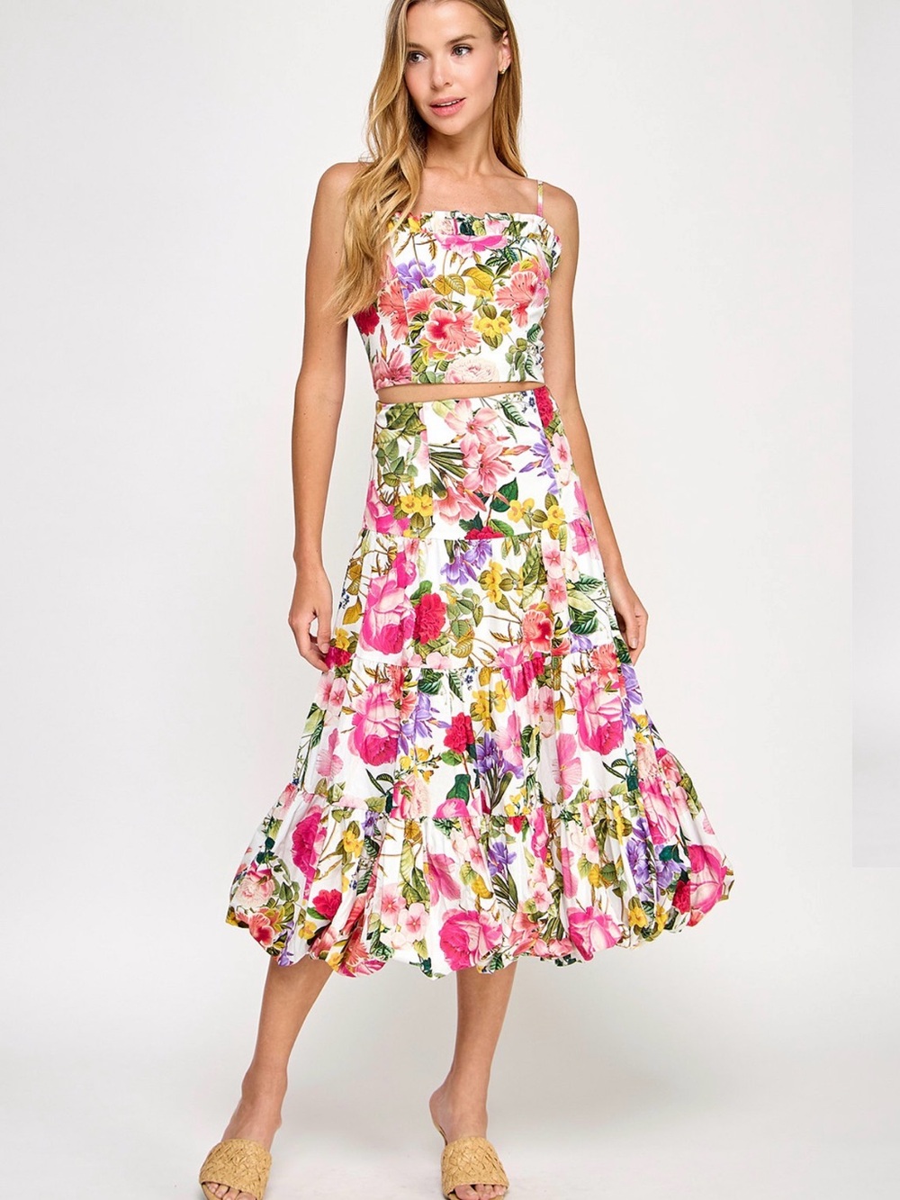 Floral Tiered Midi Skirt Set in White and Pink